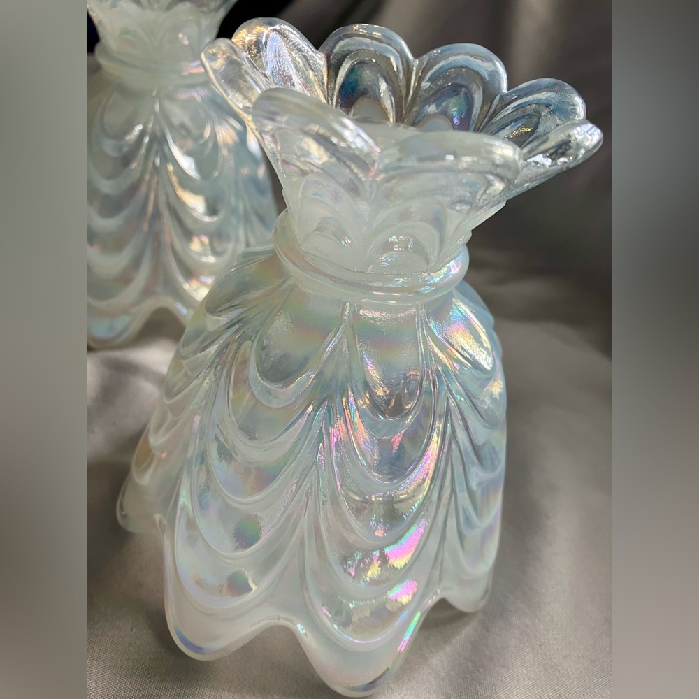 Fenton French Opalescent Iridescent Drapery 2-way Votive or Candlestick Holder